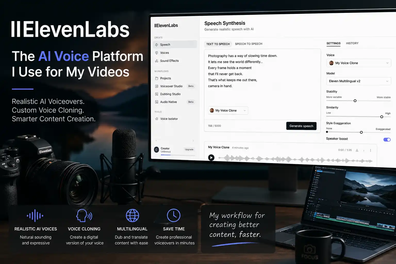 ElevenLabs AI voice cloning software used for YouTube video voiceovers
