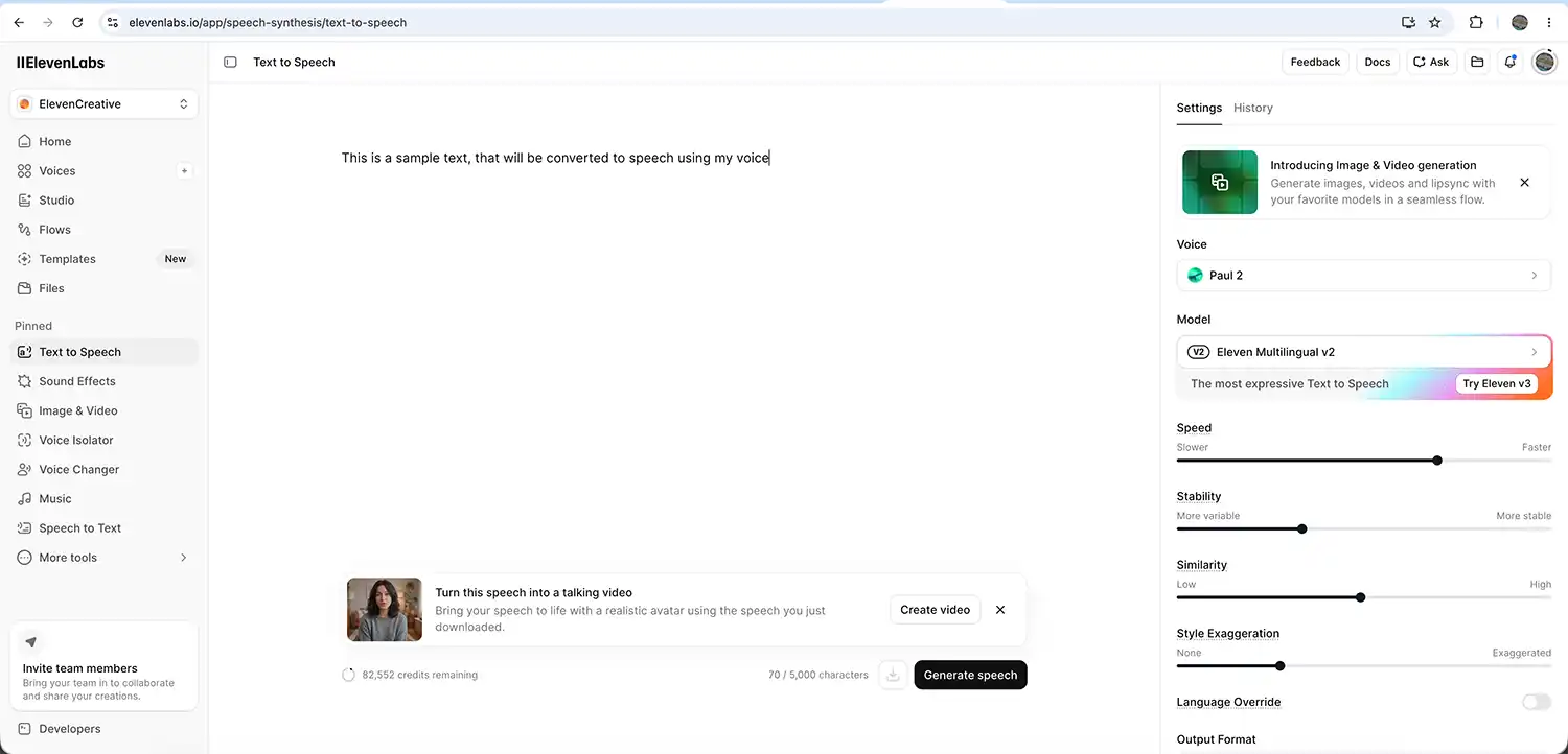 elevenlabs text to voice dashboard